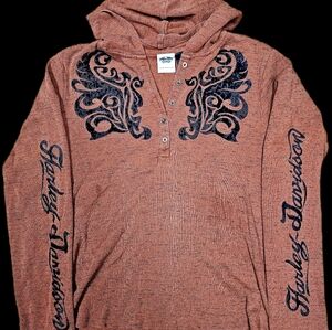 Y2K Harley-Davidson Womens 2003 Rust Orange Hooded Long Sleeve